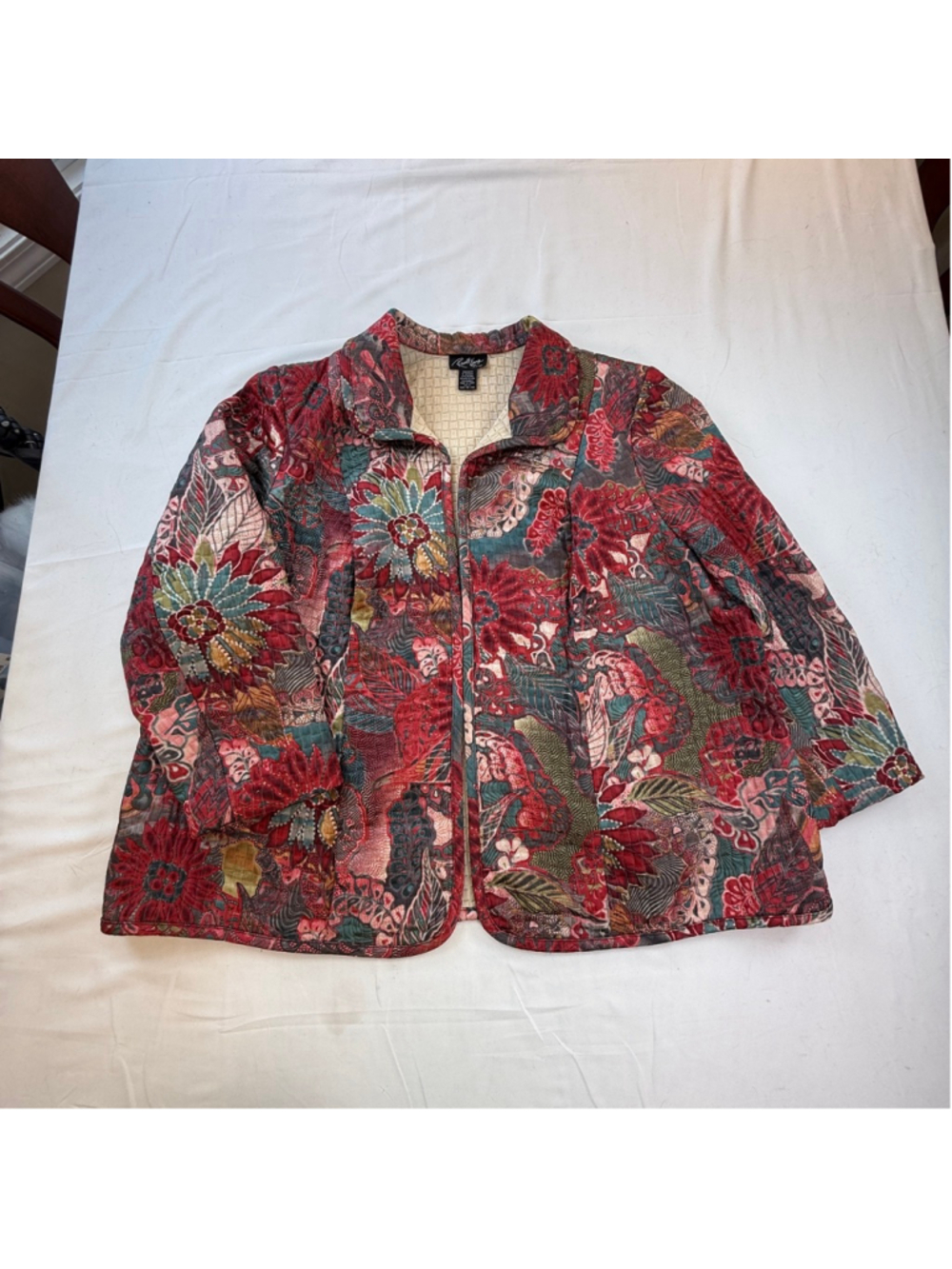 Russell Kemp New York 3X Quilted Floral Jacket Plus Size Open Front Tapestry Boh